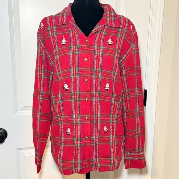 Karen Scott Tops - Karen Scott Sport Red Plaid Christmas Embroidered Cute Cotton Shirt Large
